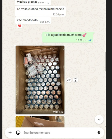 Caja de mayoreo llena de botes, fotografiada al recibirla.