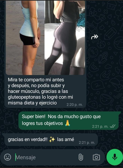 Comparativa de antes y después enviada por una clienta que tomó Glúteo Peptonas.